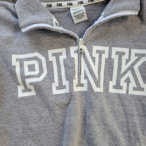 PINK Logo Three-Quarter Zip Up Pull Over Collar Size Gray White Small - Picture 3 of 11